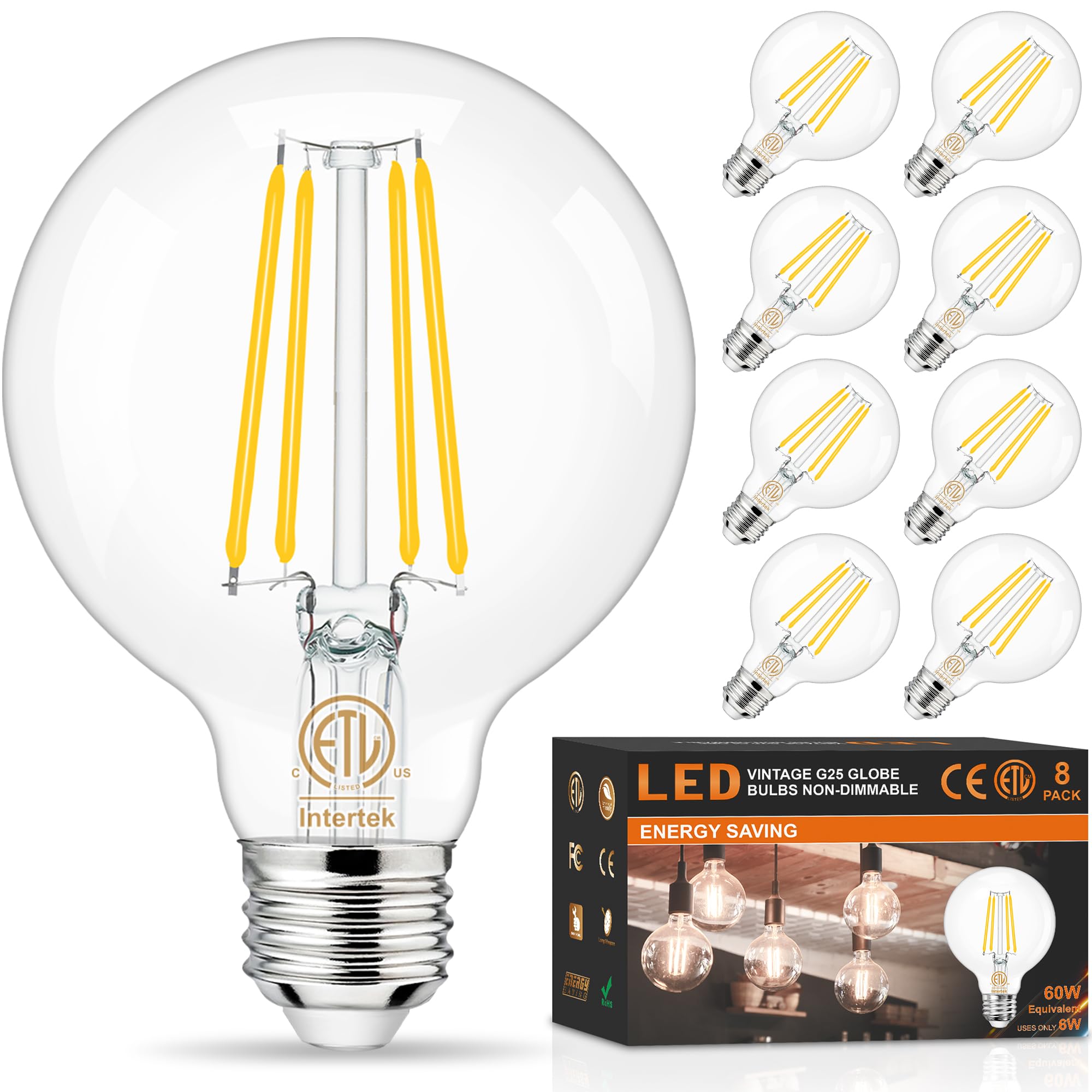 Hansang 8 Pack G25 LED Edison Globe Light Bulbs for Bathroom Vanity - 3000K Soft White, 6W 60W Incandescent Equivalent,